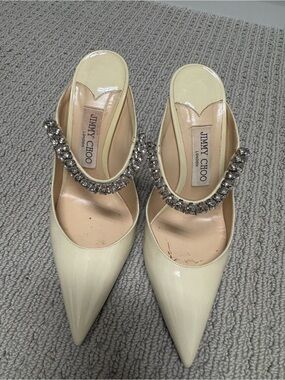 Jimmy Choo Cream Patent Pointed-Toe Mules with Crystal Strap